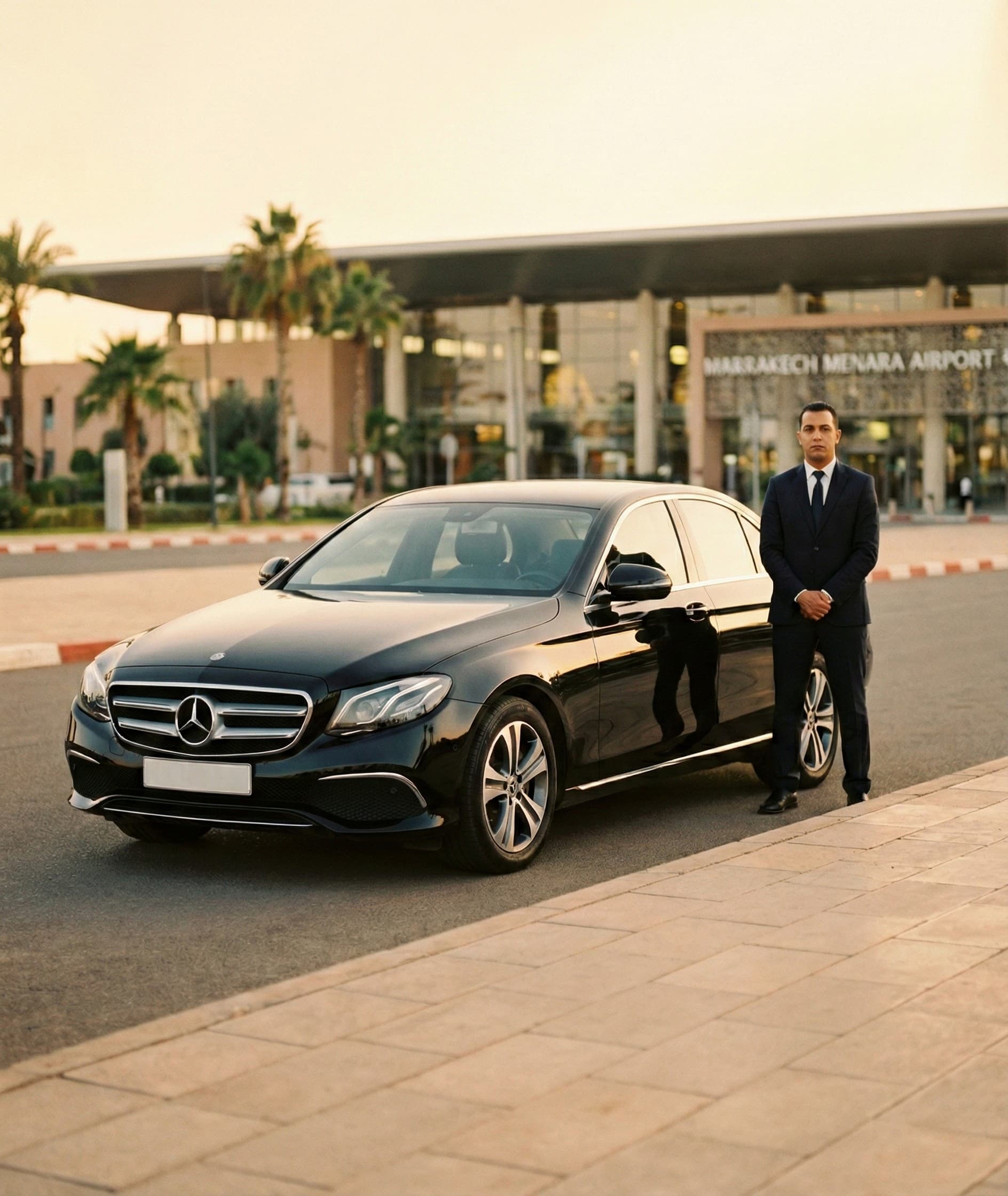 Black executive sedan Mercedes E Class style with a chauffeur outside Marrakech Menara Airport Morocco