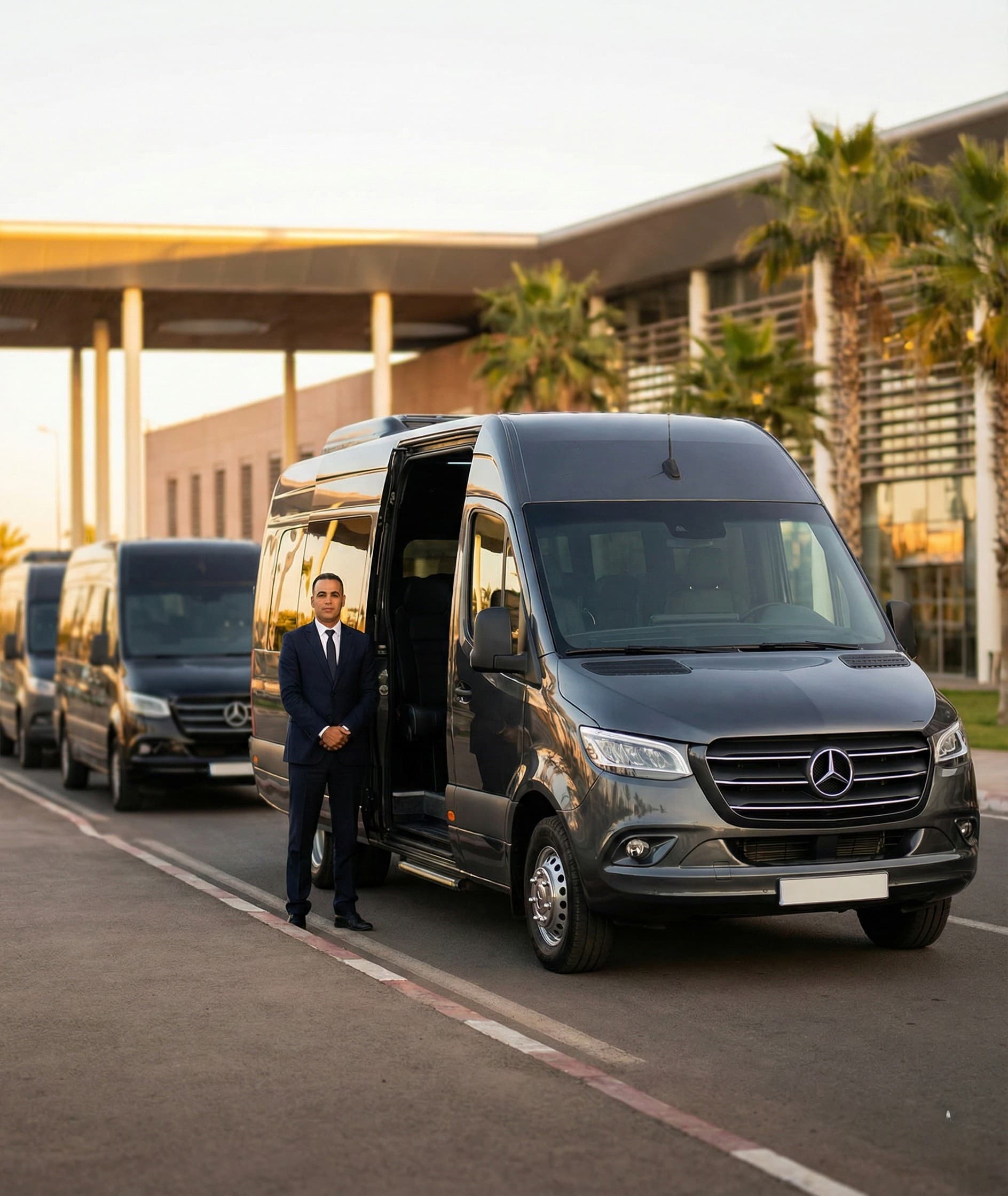 Comfort minibus Mercedes Sprinter style for group transport with a chauffeur outside an airport in Morocco