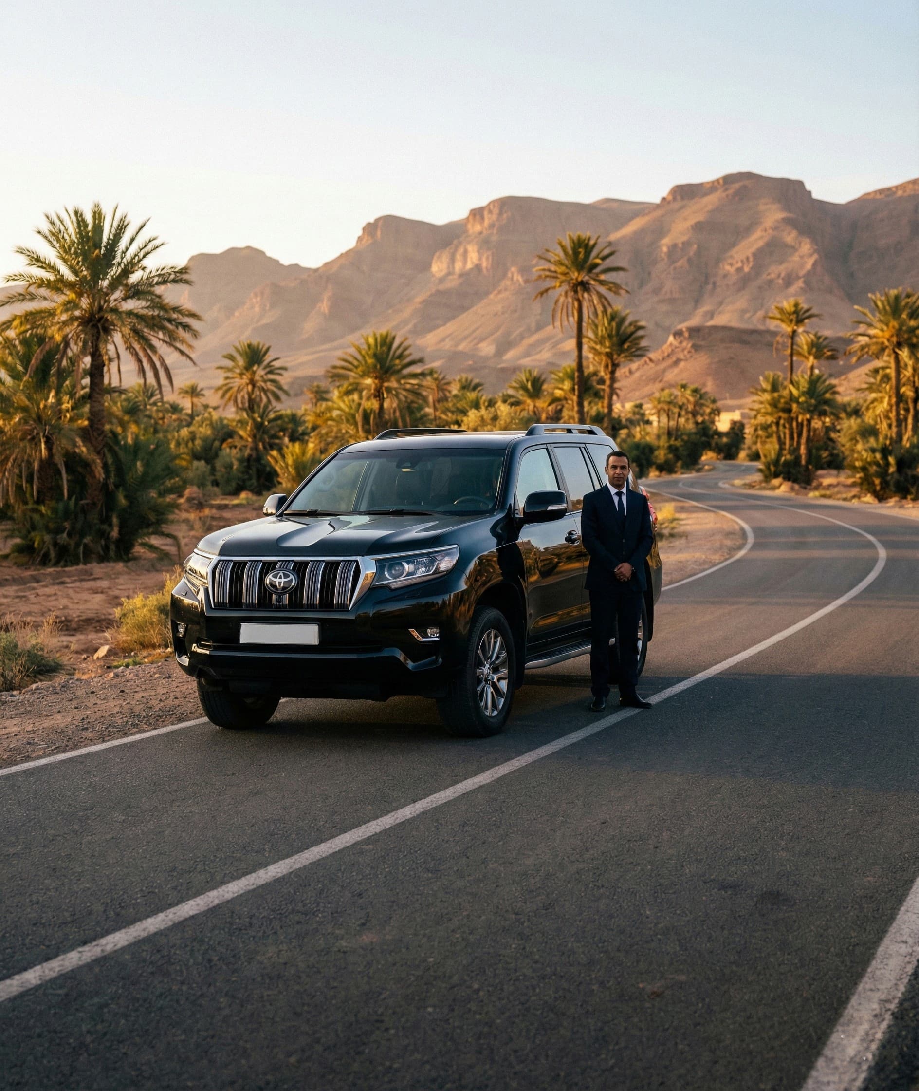 Black SUV 4x4 Toyota Land Cruiser Prado style with a chauffeur on a scenic road near the Atlas Mountains Morocco