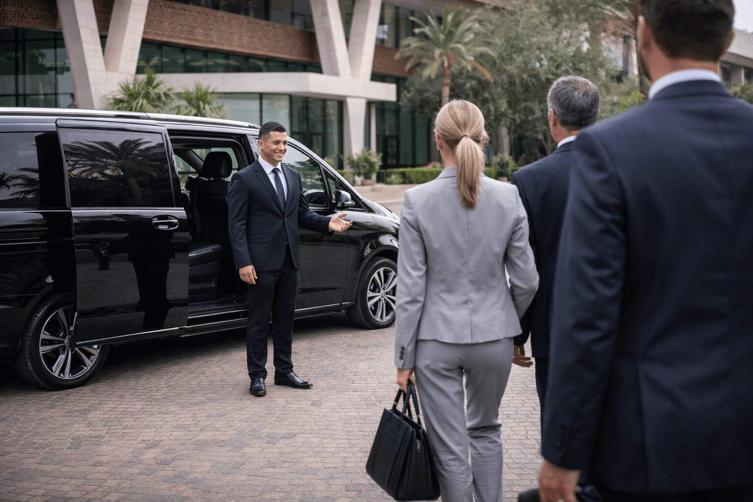 Business professionals arriving at conference venue chauffeur service Morocco