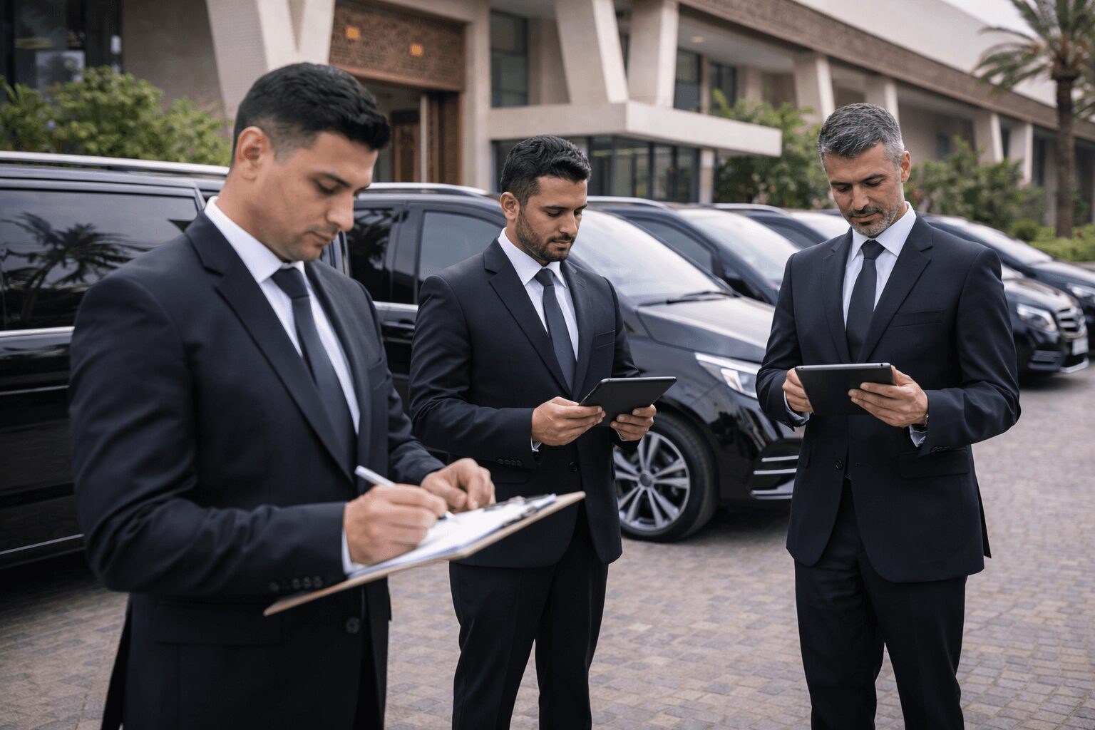 Chauffeurs coordinating executive transport schedules in Morocco