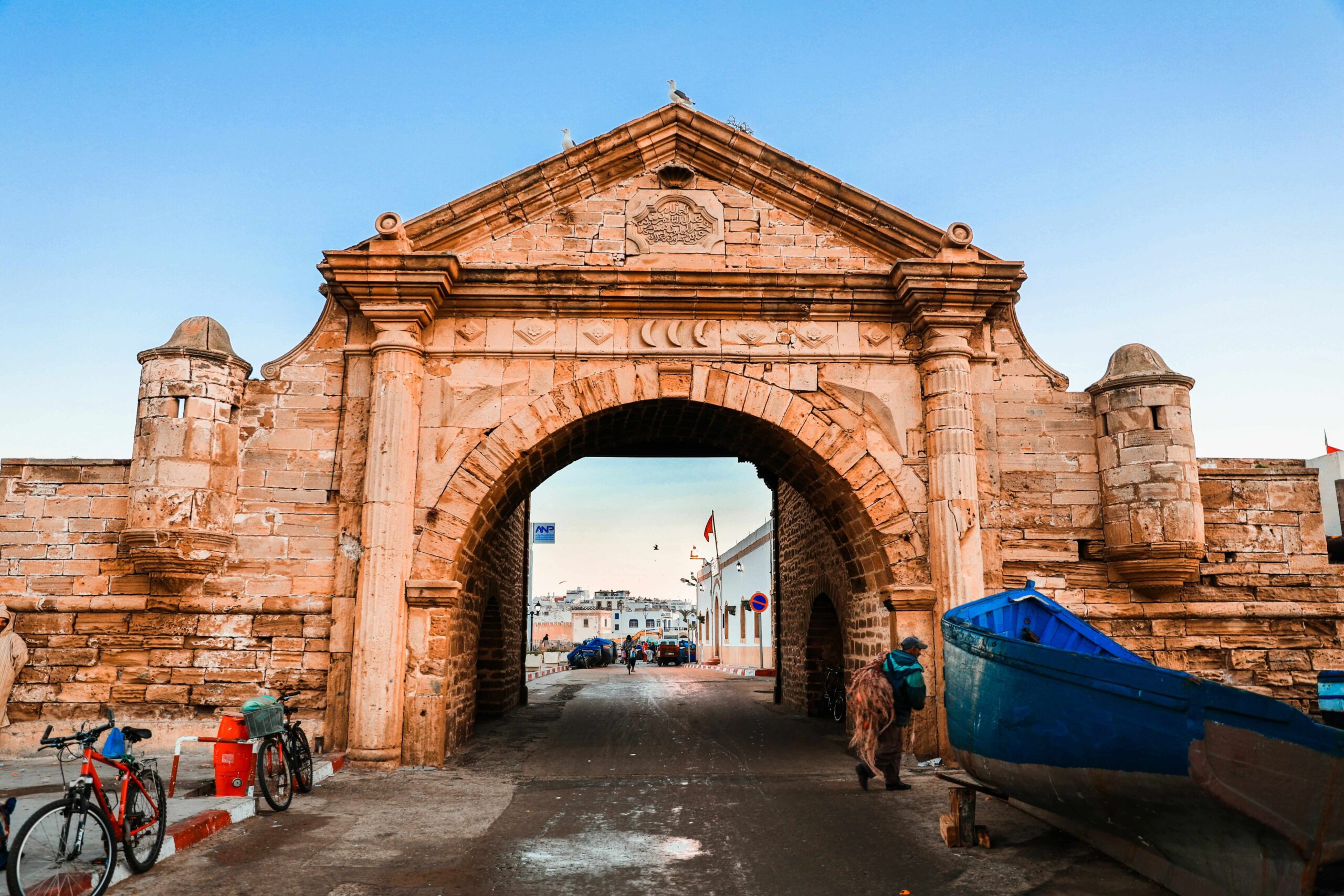 Arrival at Essaouira Medina gate during private transfer from Marrakech