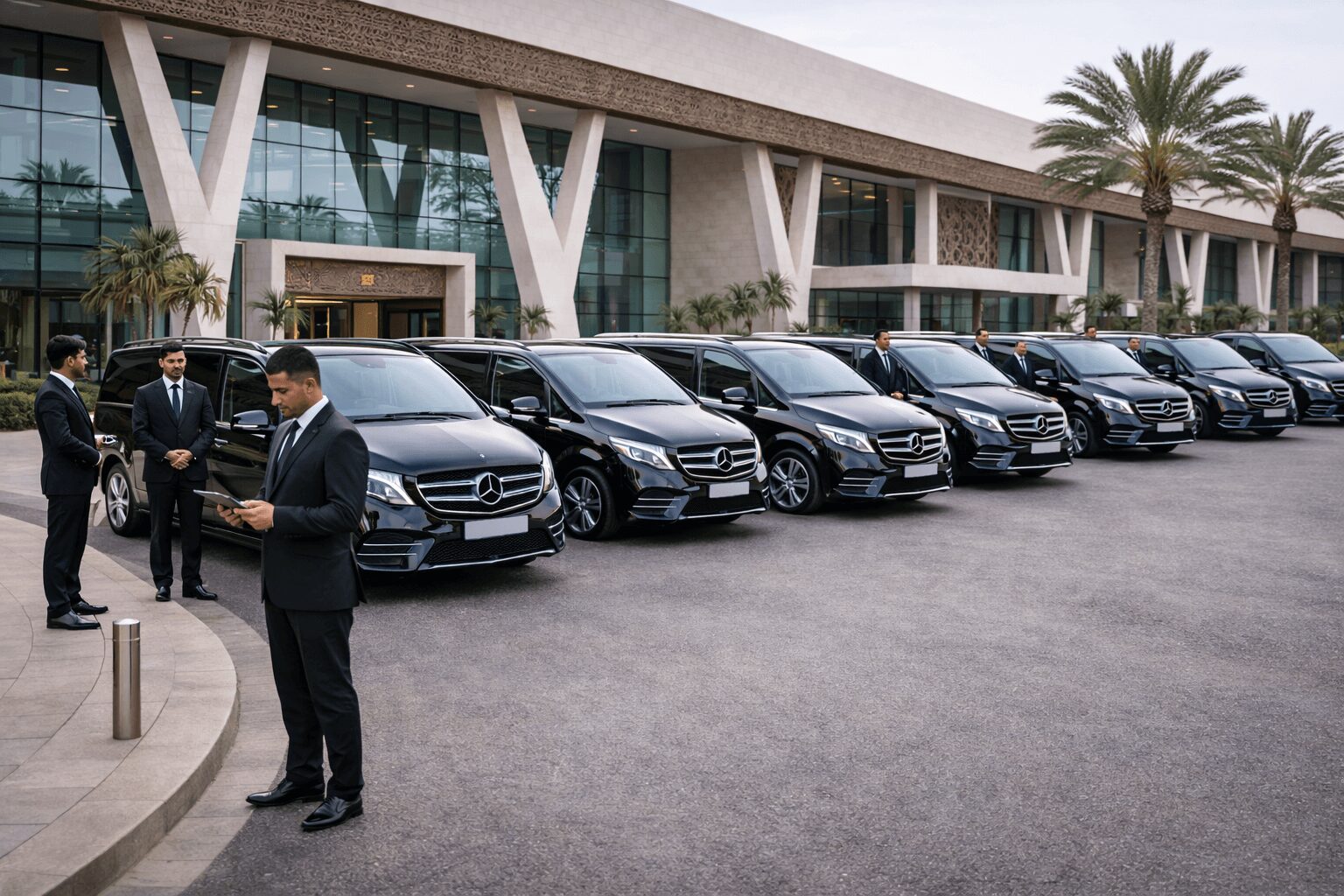 Executive transport vans organized outside event venue in Morocco