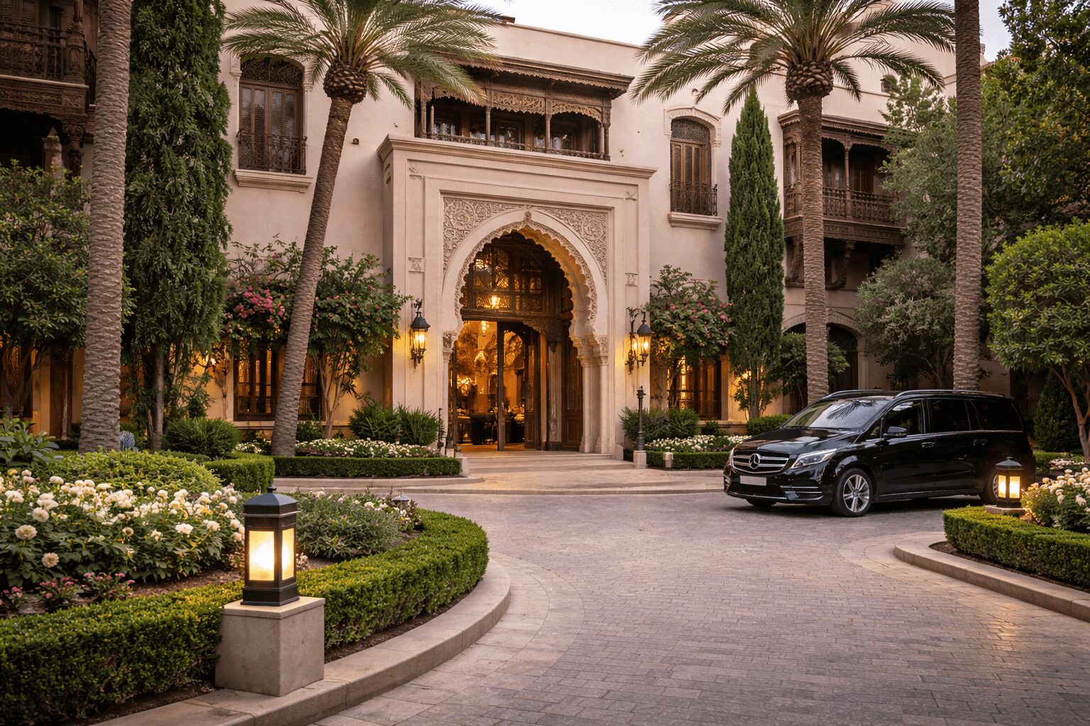 Upscale riad entrance in Marrakech with executive vehicle driveway access