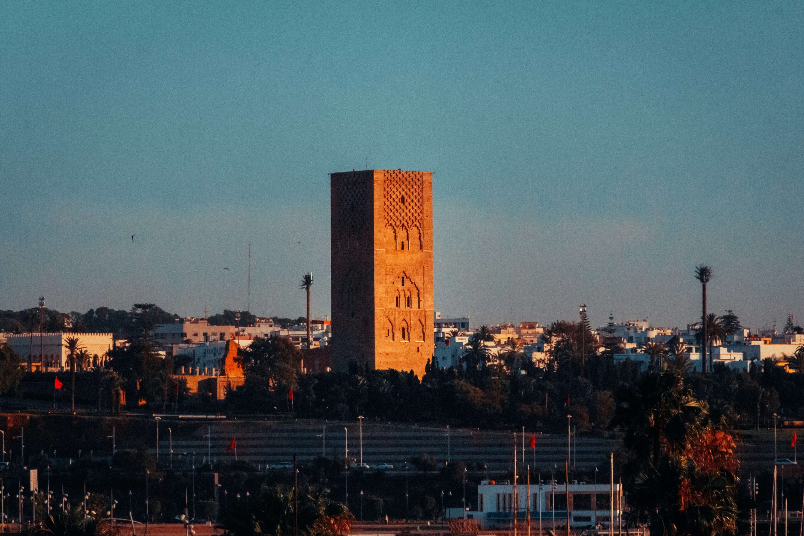 Hassan Tower in Rabat during a private chauffeur transfer from Marrakech to Rabat