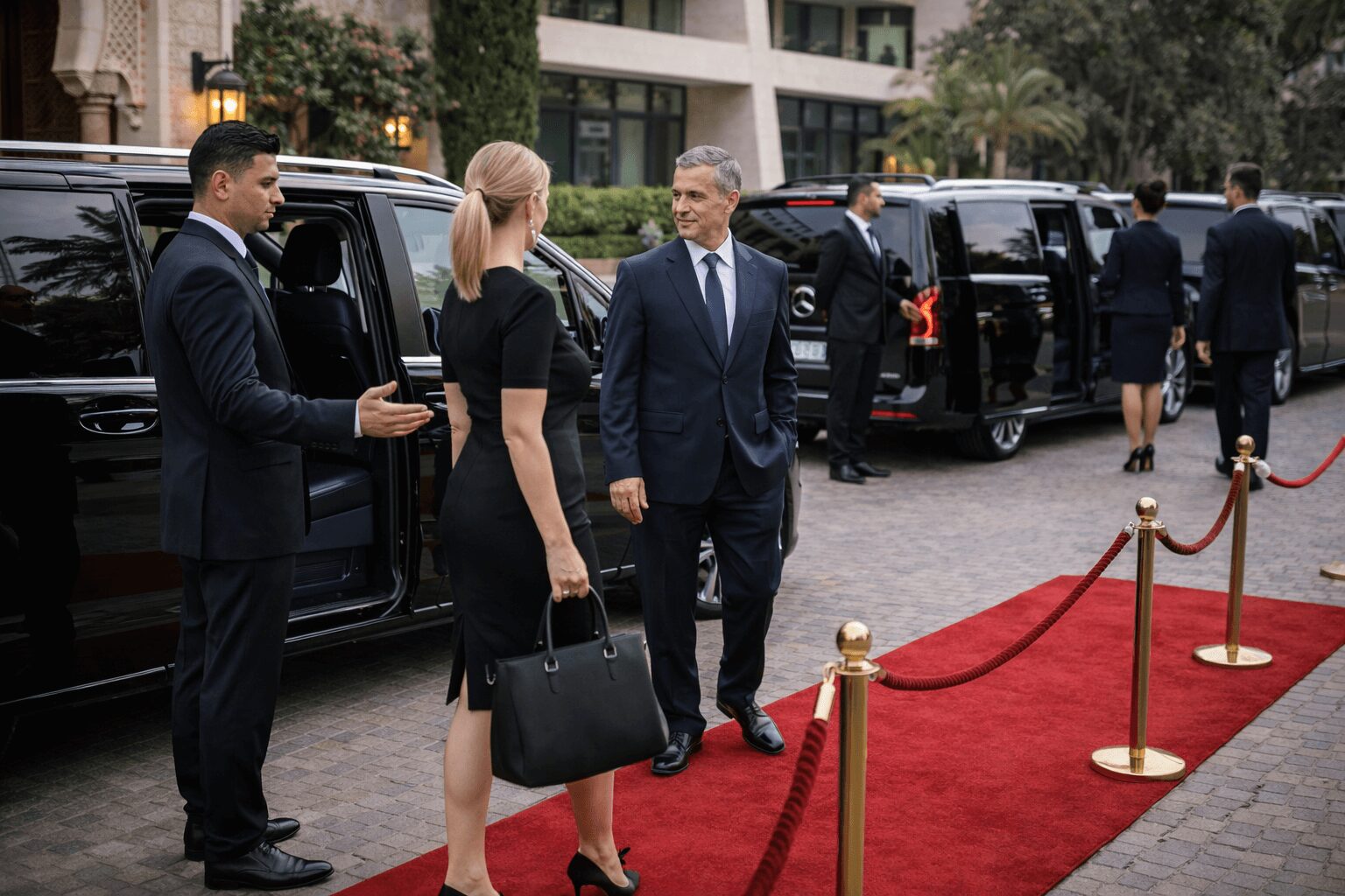 VIP guests arriving at corporate event with executive chauffeur service in Morocco