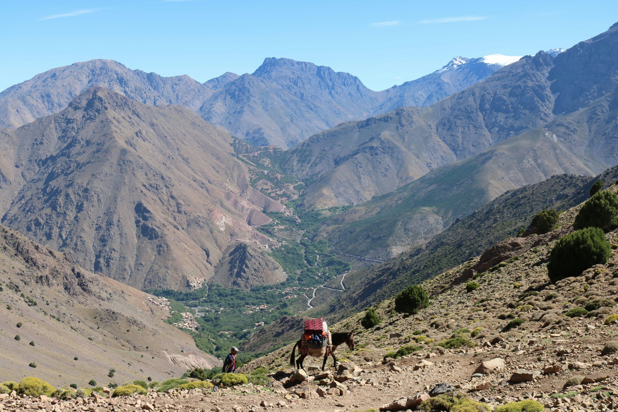 High Atlas Mountains landscape near Imlil with mule trekking trail in the Mount Toubkal region Morocco