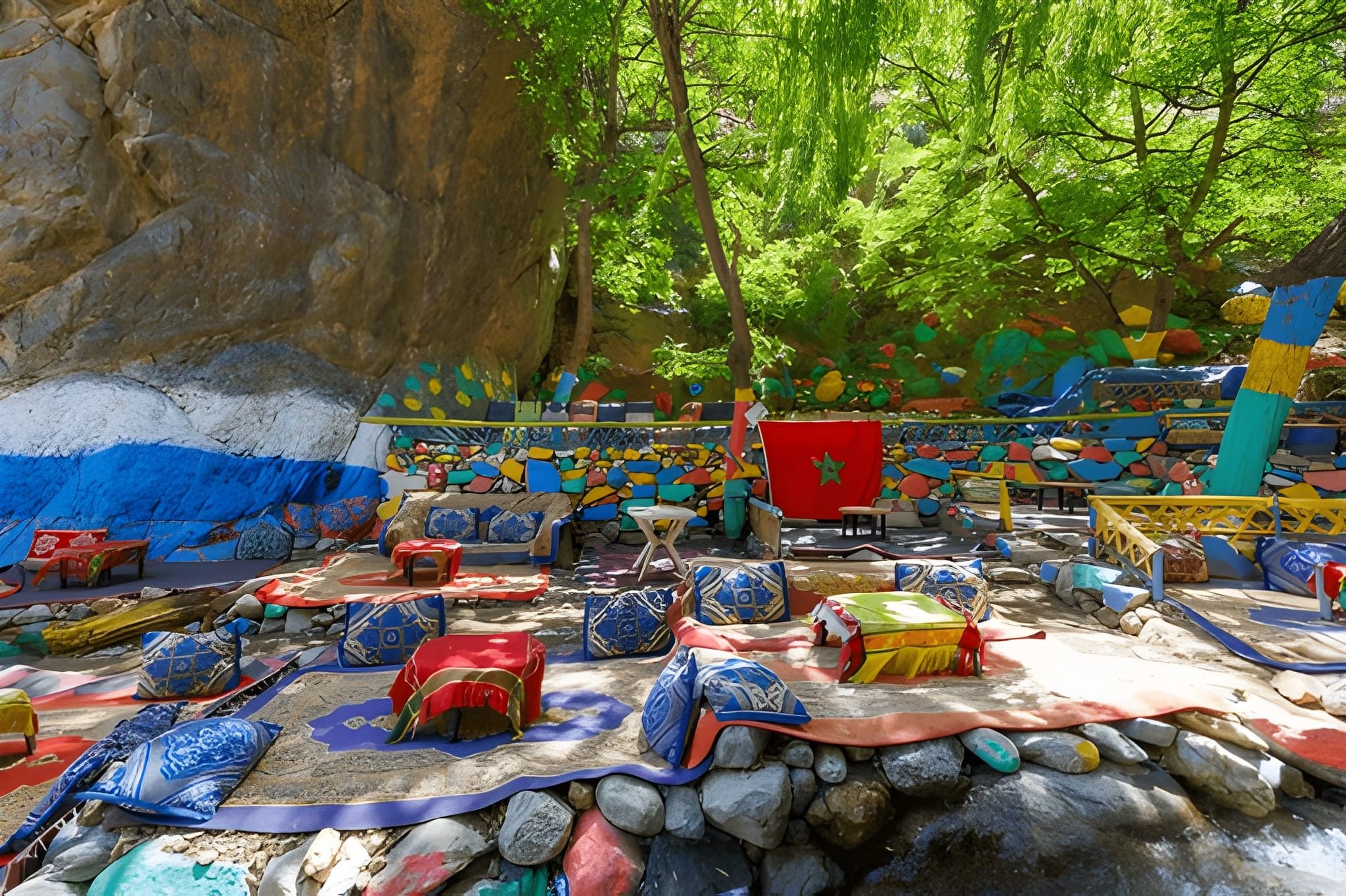 Traditional riverside café seating in the Ourika Valley in the Atlas Mountains near Marrakech Morocco